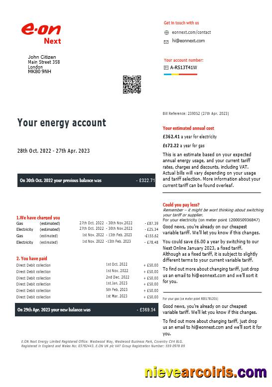 United Kingdom  Eon gas and electricity utility  bills, version 7